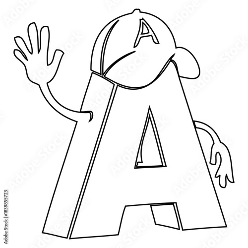 Animated Letter A Greeting: A whimsical illustrated letter A playfully waves, donning a cap, creating an approachable and welcoming graphic. 