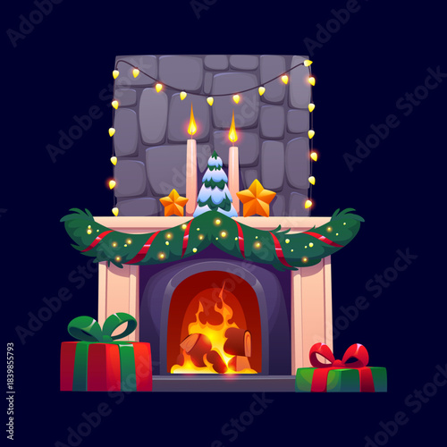 Christmas fireplace with Santa gifts, candles and Xmas decoration wreath, cartoon vector. Winter holiday Christmas fireplace with fire and decorated with fir tree ornaments and Xmas lights garland