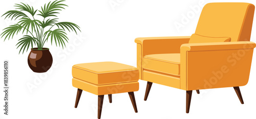 Cartoon-style cozy interior scene with mustard armchair, ottoman, and potted plant for home decor, design, and lifestyle use.