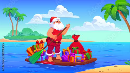 Santa Claus on sup paddle board with gift boxes, tropical Christmas paddleboarding scene. Funny vector Santa carrying presents on ocean water with palm trees and beach background. Hawaiian holidays