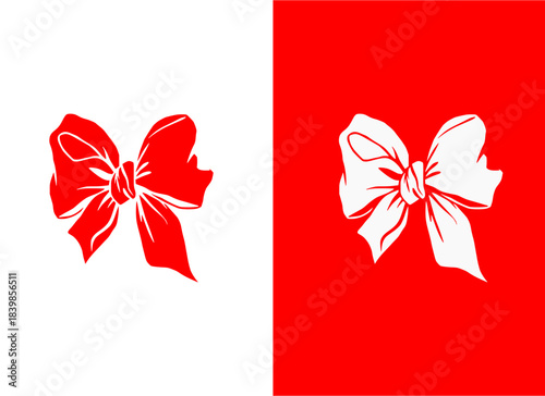 Thrifted Ribbon Bow, Charming red and white vector of a thrifted ribbon bow knot, looped fabric folds, clean simple style, no background.