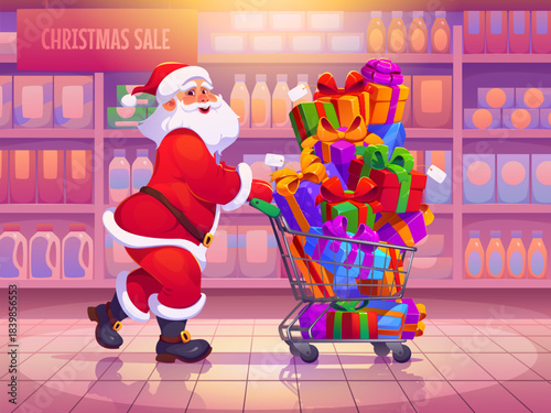 Cartoon Santa with shopping cart, Christmas sale. Vector funny Santa Claus character pushing shopping cart or trolley at supermarket full of Xmas gift boxes. Christmas winter holidays seasonal sales