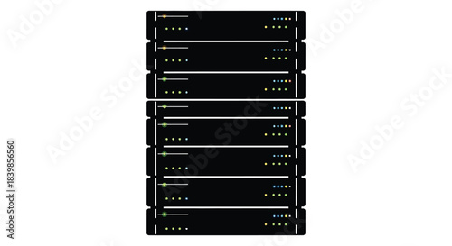 A vertical stack of server racks illuminated by blinking lights presented as a silhouette