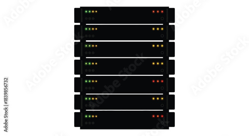 A stack of server units with illuminated lights displayed as a dark silhouette