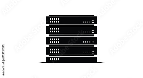 A stack of server racks depicted in a stark minimalist black and white silhouette