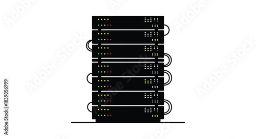 A digital illustration of a server rack with glowing lights a modern tech infrastructure silhouette