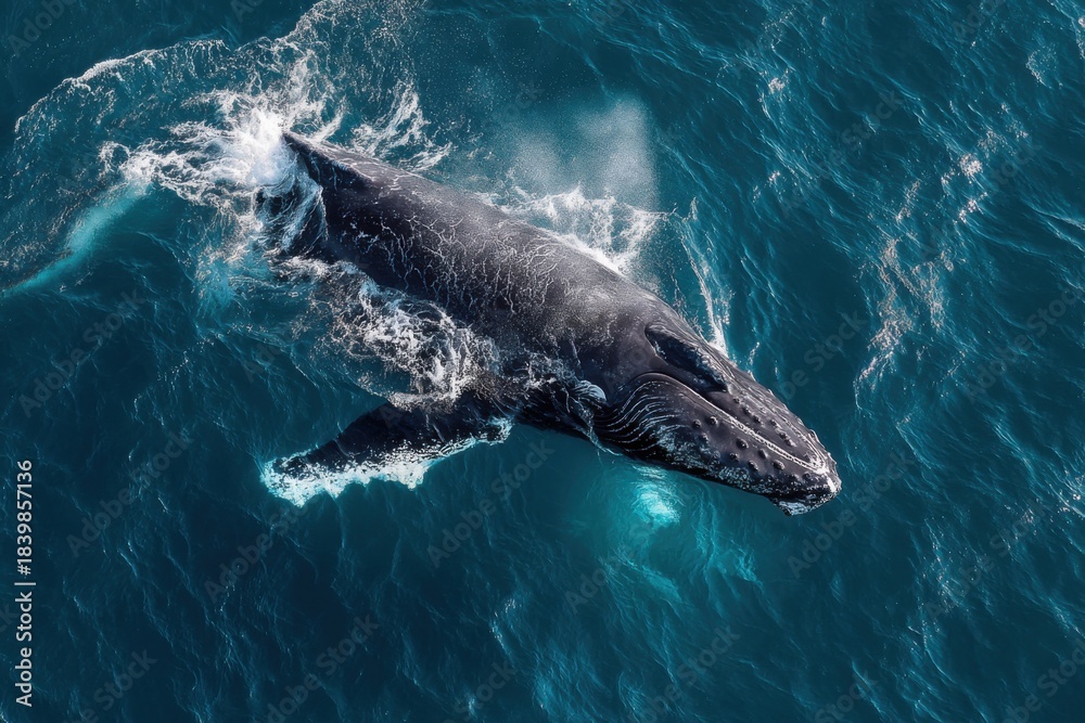 Naklejka premium Majestic Whale Swimming Gracefully in Deep Blue Ocean Waters Captivating Marine Life and Natural Beauty in Stunning Aerial View
