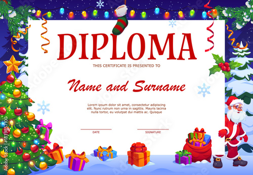 Christmas and winter holiday diploma certificate. Vector Xmas gift frame with Santa Claus character, present boxes, gift bag and decorated fir tree under falling snowflakes on winter forest background