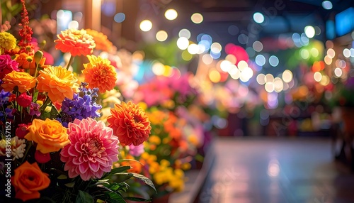 Vibrant flower shop display, assorted blossoms, blurred background