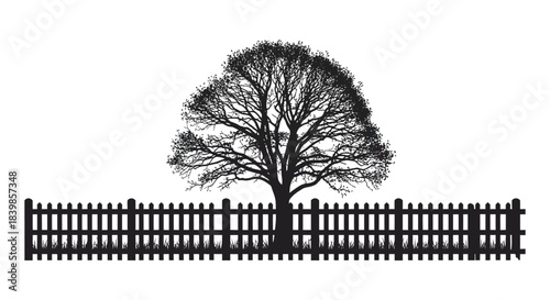 A striking black and white image of a tree and fence in a detailed silhouette