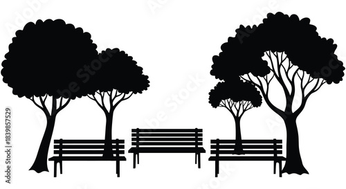 a peaceful park scene with black silhouettes of trees and benches in a row silhouette