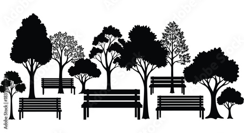 A tranquil park scene with trees benches and a distinctive black silhouette