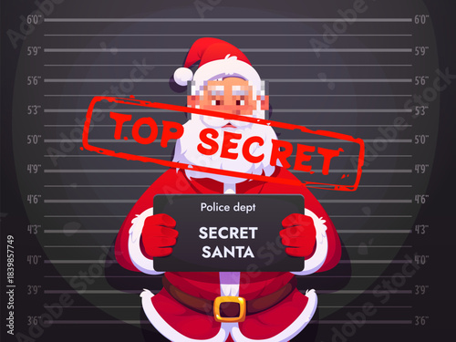 Cartoon Christmas secret Santa mugshot with black sign and top secret stamp, vector Xmas greeting card. Arrested bad Santa Claus character getting mugshot at police department with pixelated face