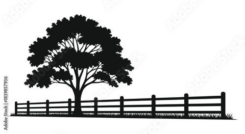 A scenic view of a tree and wooden fence presented as a striking silhouette