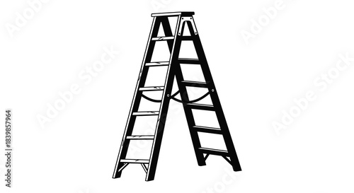 A stark black and white illustration of a freestanding wooden ladder a simple silhouette