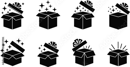 Black gift boxes with sparkles various views on transparent background silhouette