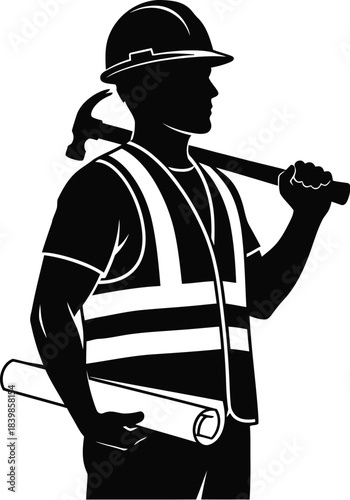 Construction worker with hammer and blueprints on transparent background silhouette