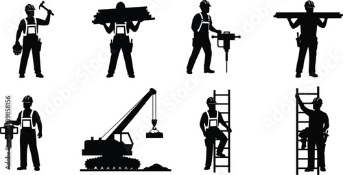 Construction workers in various poses tools and equipment silhouette on transparent background