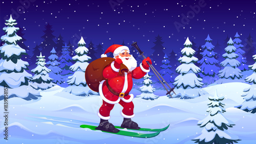 Cartoon Santa Claus goes skiing with sack of gifts at winter forest, vector Christmas holiday background. Funny Santa character delivering gifts through Xmas festive night snowy forest trees and snow