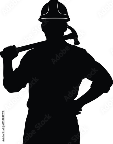 Construction worker with helmet and hammer a black silhouette on transparent background