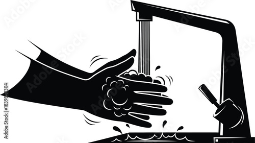 Hands washing under a faucet hygiene illustration on transparent background silhouette