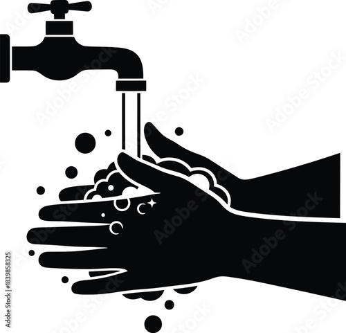 Black silhouette of hands washing under a faucet on transparent background