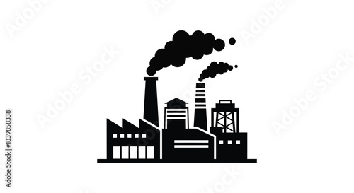 A stark depiction of industrial buildings with smoke billowing creating a dramatic silhouette