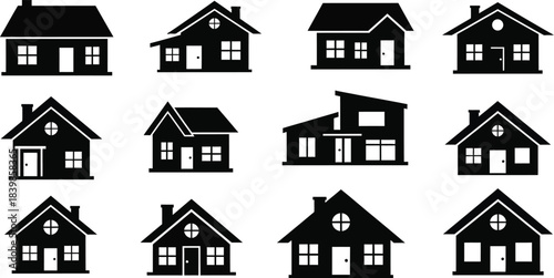 Variety of black house icons and shapes on transparent background silhouette