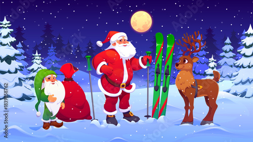 Santa Claus, reindeer and gnome characters at Christmas snowy forest, vector Xmas winter holiday night scene. Cartoon funny Santa with red sack of Christmas gifts and ski, cute reindeer and gnome