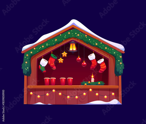 Christmas market booth, winter holiday street kiosk or bazaar store shop, cartoon vector. Christmas market booth with mulled wine drinks decorated with Christmas lights, gift socks and baubles