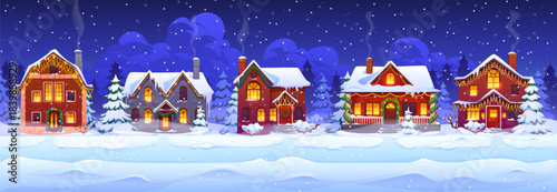 Winter snowy night Christmas village or town, city neighborhood vector background. Cartoon Xmas holiday town street and cute house buildings with snowy roofs and chimneys, Christmas lights and wreaths