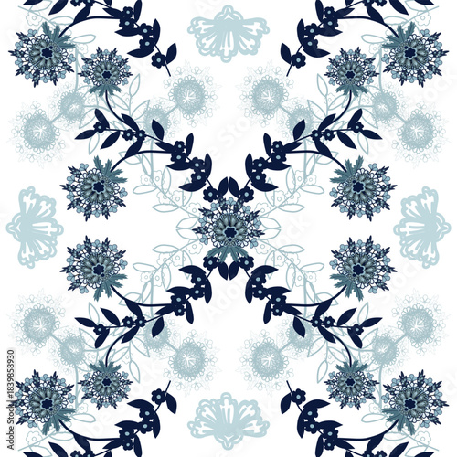 Floral seamless pattern ,Jacobean Print Pattern Seamless , Blue flowers Vector clipart. Seamless pattern with stylized exotic flowers, climbing plants. Fashion floral wallpaper, background. Asian