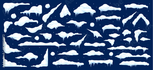 Christmas snow caps on roofs and windows, vector cartoon winter snowball and snowflakes. Snow drifts or snowy ice piles of thick frost, frozen roofs and window edges covered with snow caps effect