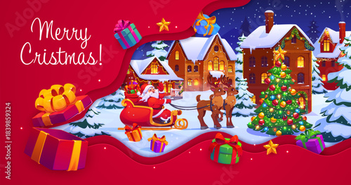 Paper cut Merry Christmas greeting with Santa in winter town on reindeer sleigh, cartoon vector. Santa with gifts bag on deer sledge and Xmas tree with paper cut decorations for Christmas holiday