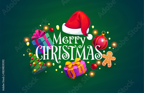 Merry Christmas holiday greeting card with baubles and gingerbread cookies, vector decorations. Christmas greetings for winter holiday with Santa hat, Xmas tree ornament and gift with magic sparkles