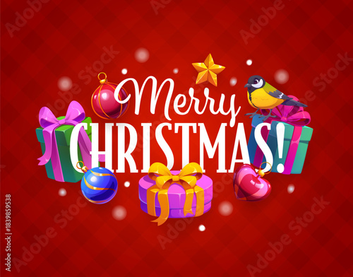 Merry Christmas greeting card with gifts and baubles for winter holiday, vector decorations. Merry Christmas greetings with goldfinch on Santa presents, Xmas tree ornaments and magic snow shine