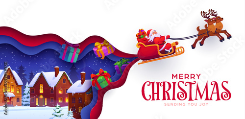 Merry Christmas paper cut greeting card with funny Santa flying on sleigh, cartoon vector. Winter holiday and Christmas greetings with Santa reindeer and sleigh with gifts bag flying over town village