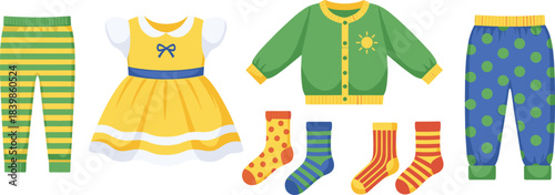 Colorful children's clothing set with striped socks, playful pants, cute dress, and cheerful cardigan for fashion, retail, and education use.