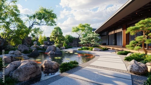A tranquil Japanese garden scene with pond, koi, and modern architecture under a sunny sky