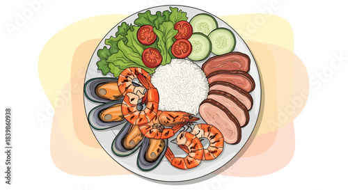 Top-down view of a surf and turf meal featuring steak, mussels, prawns, rice, tomatoes, and cucumber slices on a plate.