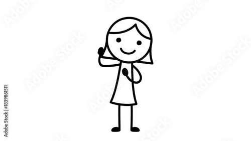 Simple Cartoon Stick Figure Woman Waving Hello and Clasping Hands in Gratitude White Background