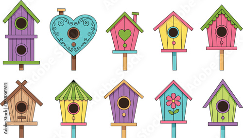 Creative birdhouse collection with vibrant colors, unique shapes, and decorative elements for garden, DIY, and nature-themed design