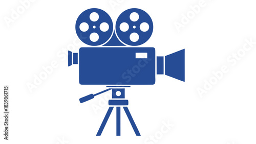 Retro Film Projector Icon With Two Reels And Lens On A Tripod Stand Isolated On Black Background Classic Cinema Equipment