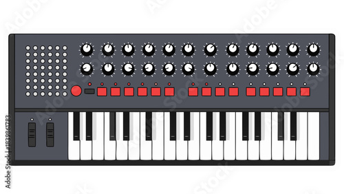 Retro Gray Synthesizer Keyboard With White Keys Black Knobs Red Buttons and Silver Sliders Isolated on White Background