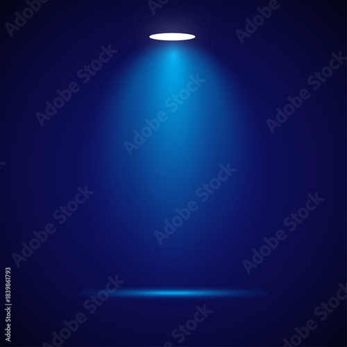 Abstract light background illustration with a dark blue fractal glow and spotlight on a black stage