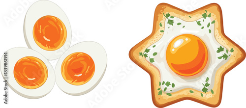 Creative Breakfast Egg Dishes Featuring Soft-Boiled Halves and Sunny-Side-Up Toast with Herbs on White Background
