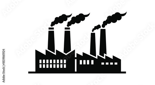 Industrial complex with multiple smokestacks emitting dark smoke a striking black silhouette