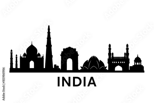 india skyline silhouette vector with taj mahal qutub minar india gate lotus temple and charminar