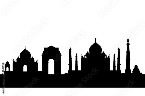 india monuments silhouette taj mahal india gate minarets vector illustration in black and white