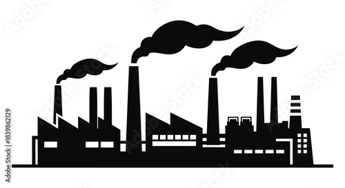 Industrial complex with multiple smokestacks emitting pollution shown in a striking silhouette
